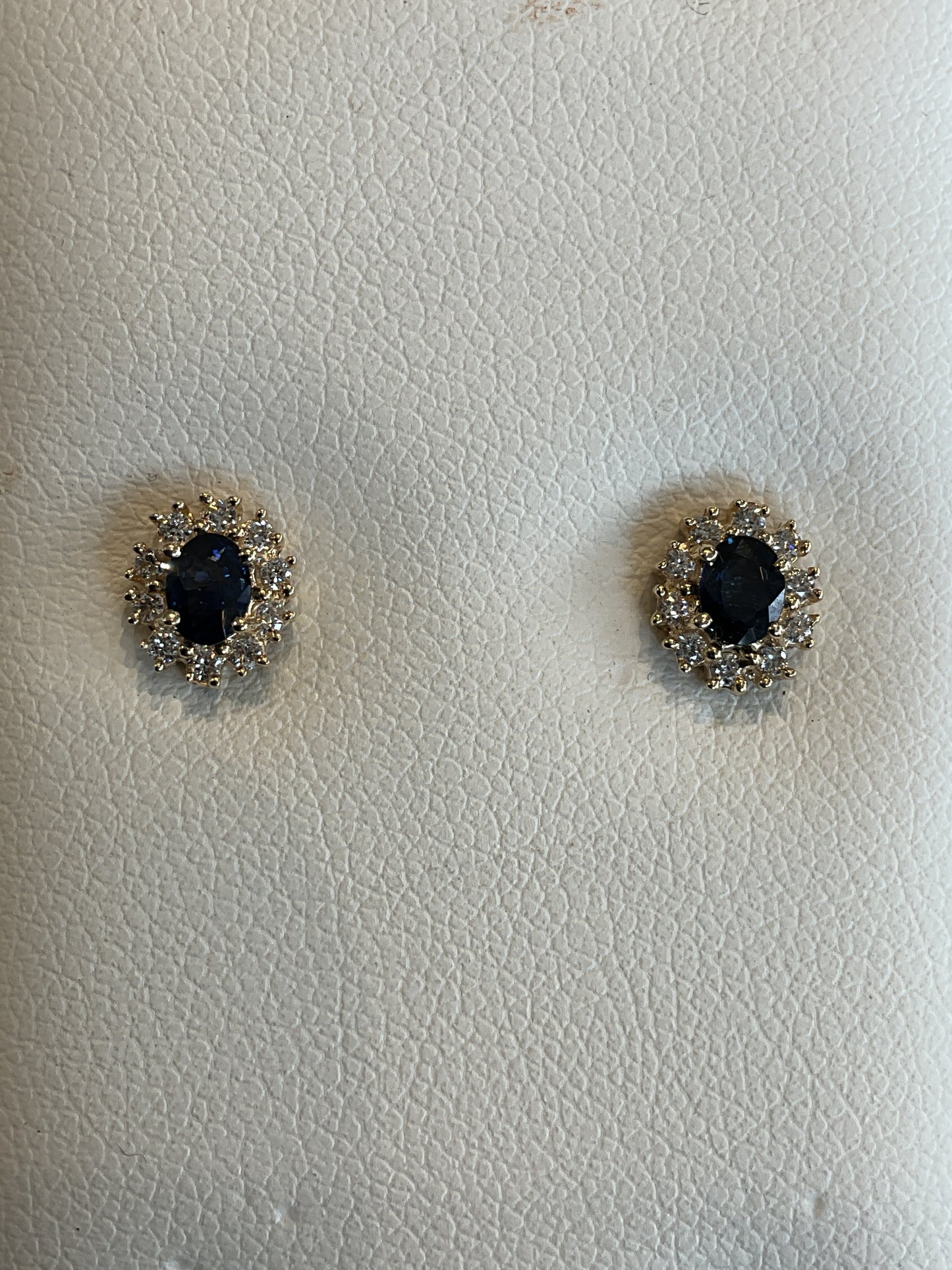 Oval Cut Blue Sapphire 14KT Yellow Gold Round Brilliant Cut Diamond Halo Stud Earrings