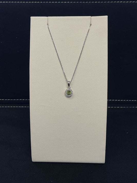 Round Peridot with Diamond Halo 14KT White Gold Necklace 18" 10KT White Gold Chain