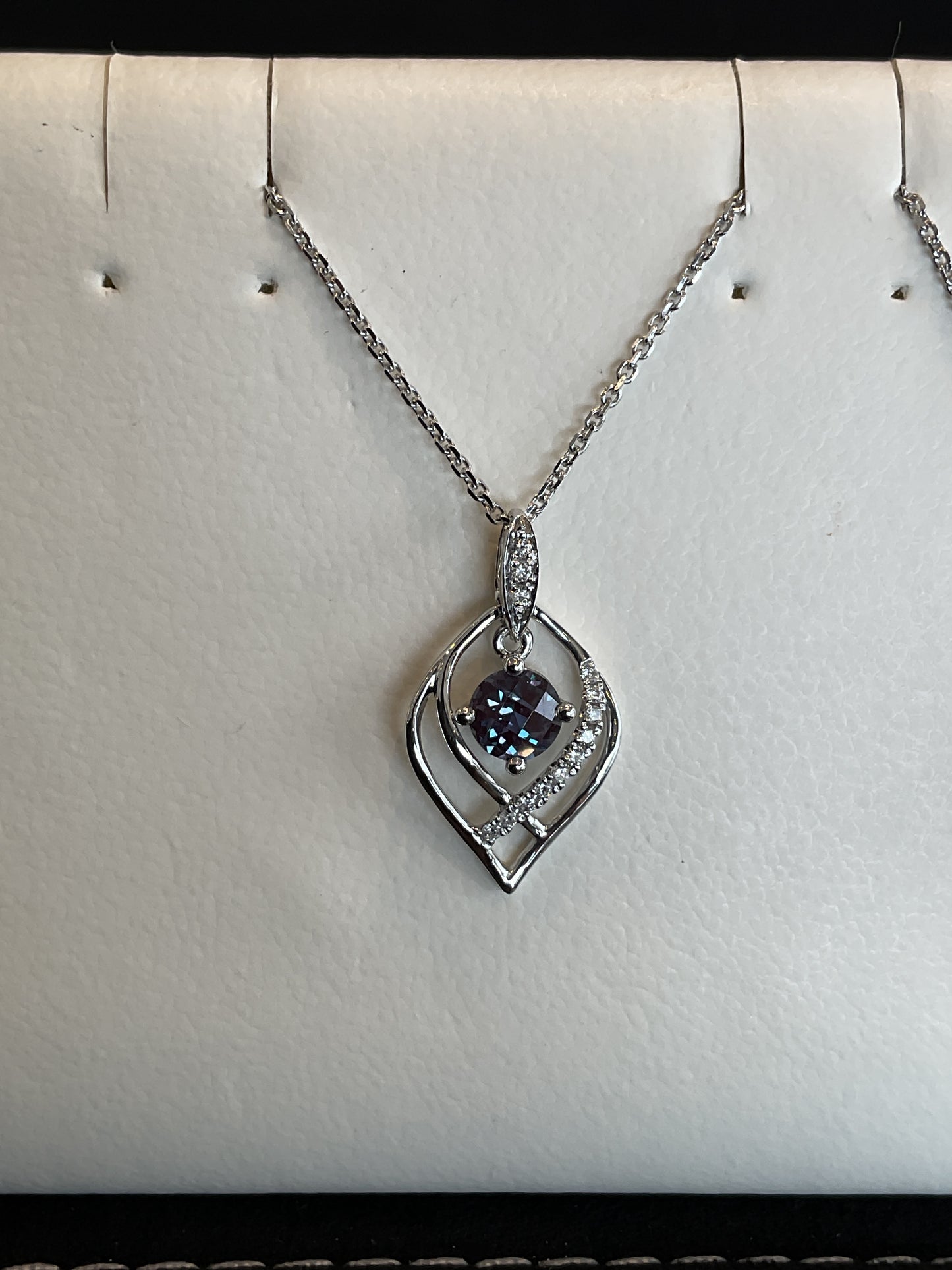 Round Cut Lab Alexandrite with Round Brilliant Cut Diamond Accents 14KT White Gold Dancing Drop Necklace 18" 14KT White Gold Chain