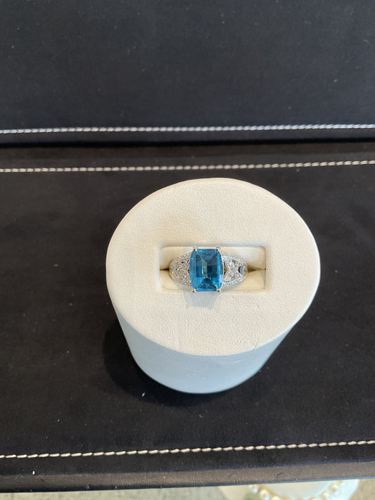 Cushion Checkered Emerald Cut Blue Topaz Antique14KT White Gold Ring with Round Brilliant Cut Diamond Accents