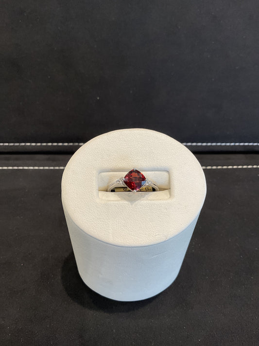Checkerboard Cushion Cut Red Garnet 14KT White Gold Ring with Round Brilliant Cut Diamond Accents