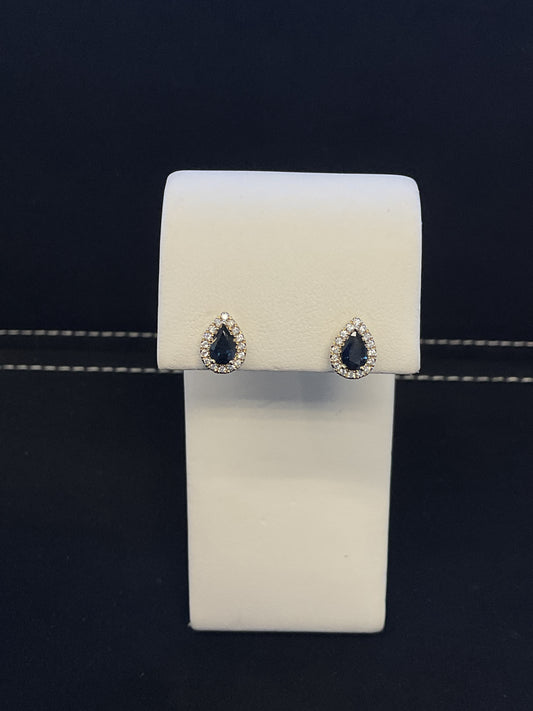 Pear Shape Blue Sapphire 14KT Yellow Gold Stud Earrings with Diamond Halo