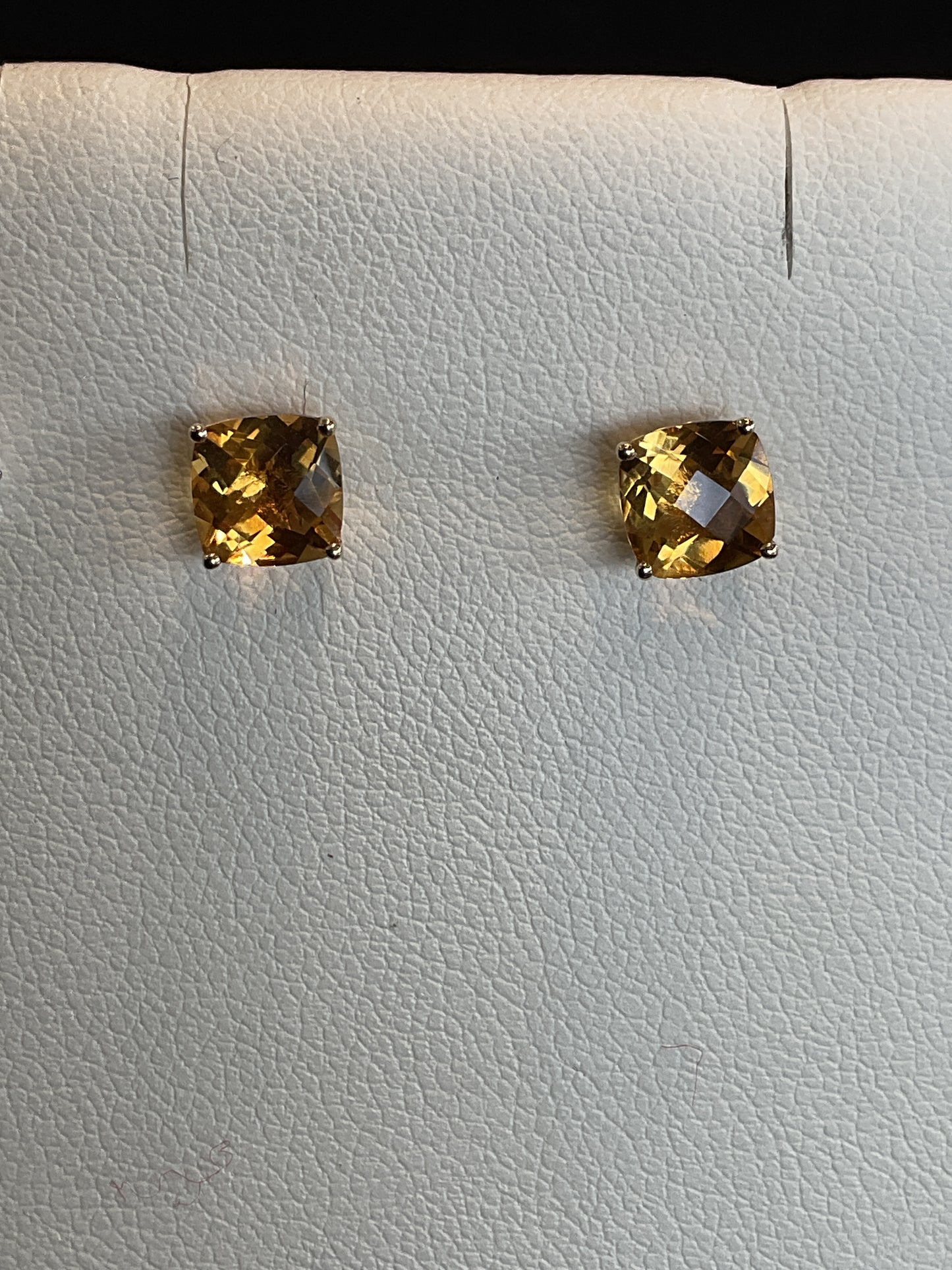 Checkerboard Cushion Cut Citrine Prong Set 14KT Yellow Gold Stud Earrings