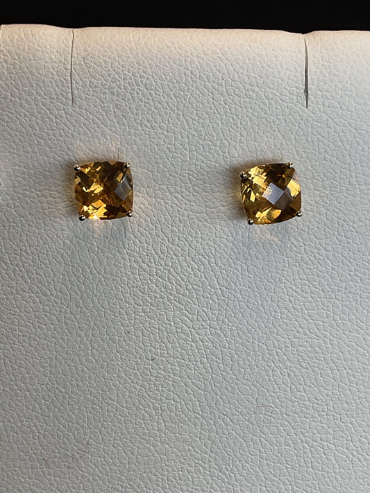 Checkerboard Cushion Cut Citrine Prong Set 14KT Yellow Gold Stud Earrings