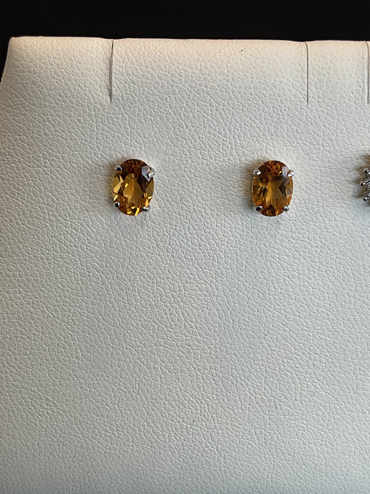 Oval Cut Citrine Prong Set 14KT White Gold Stud Earrings