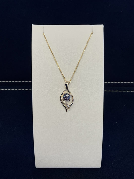 Round Checkerboard Cut Lab Alexandrite with Round Brilliant Cut Diamond Accents 14KT Yellow Gold Fancy Necklace 18" Chain