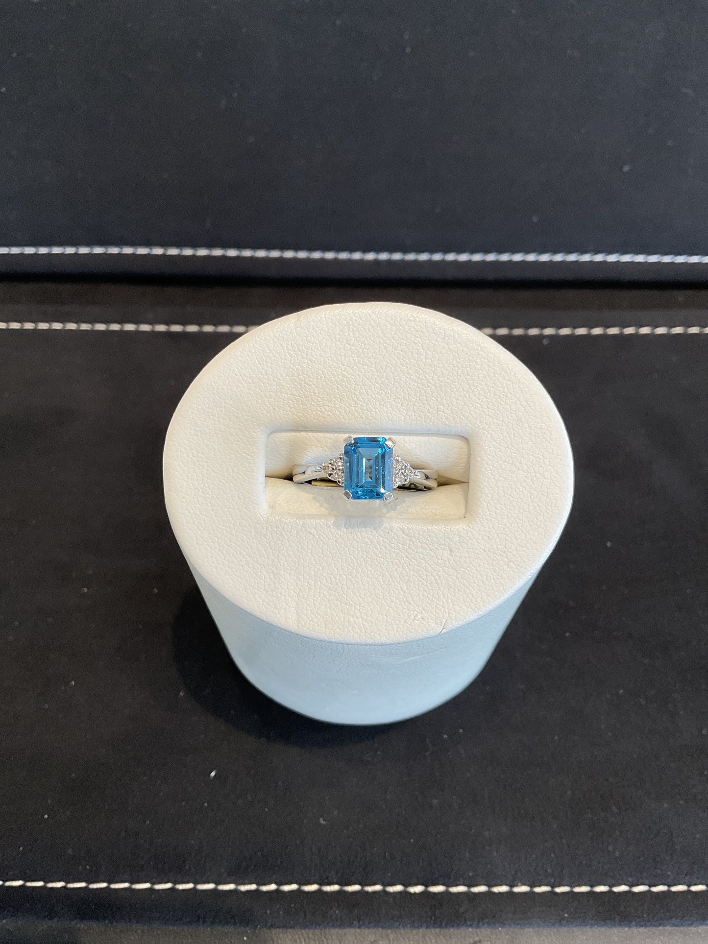 Emerald Cut Blue Topaz 14KT White Gold Fancy Ring with Round Brilliant Cut Diamond Accents