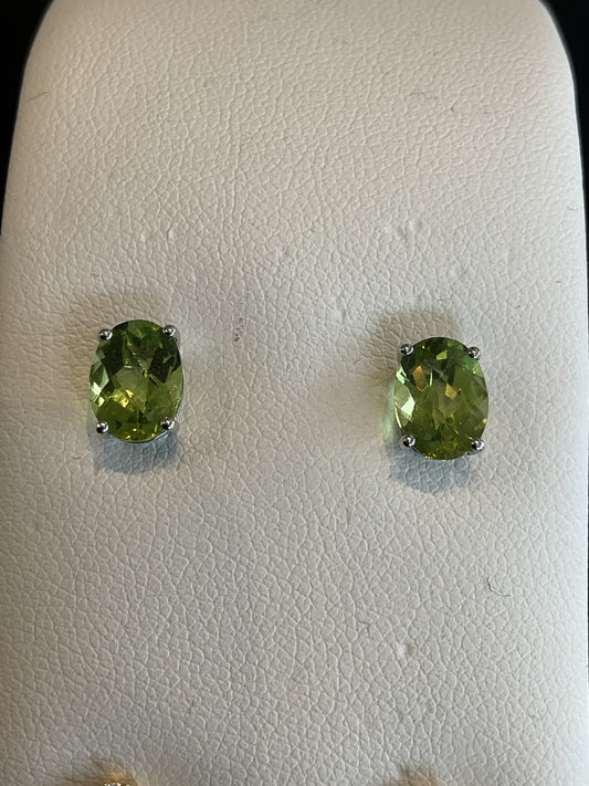 Oval Checkerboard Cut Peridot Prong Set 14KT White Gold Stud Earrings