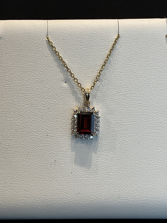 Emerald Cut Red Garnet with Round Brilliant Cut Diamond Halo Setting 14KT Yellow Gold Necklace 18" 14KT Yellow Gold Chain