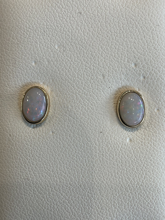 Oval Cut Bezel Set Opal 14KT Yellow Gold Stud Earrings