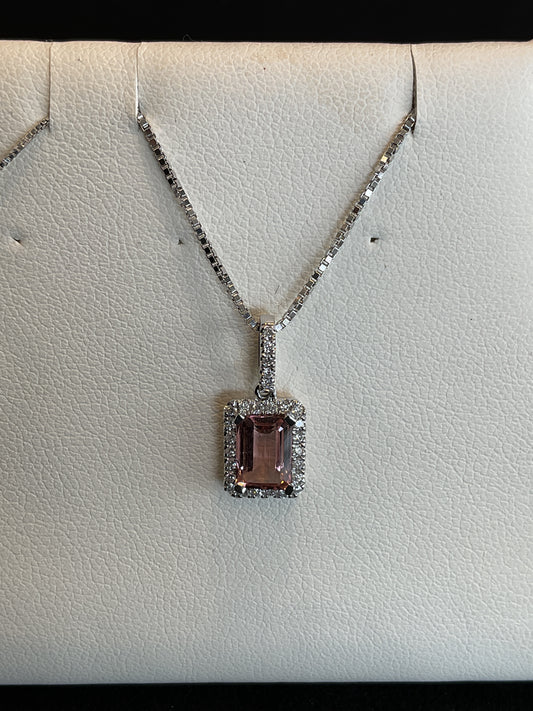 Emerald Cut Pink Tourmaline with Round Brilliant Cut Diamond Halo Setting 14KT White Gold Necklace 18" Chain