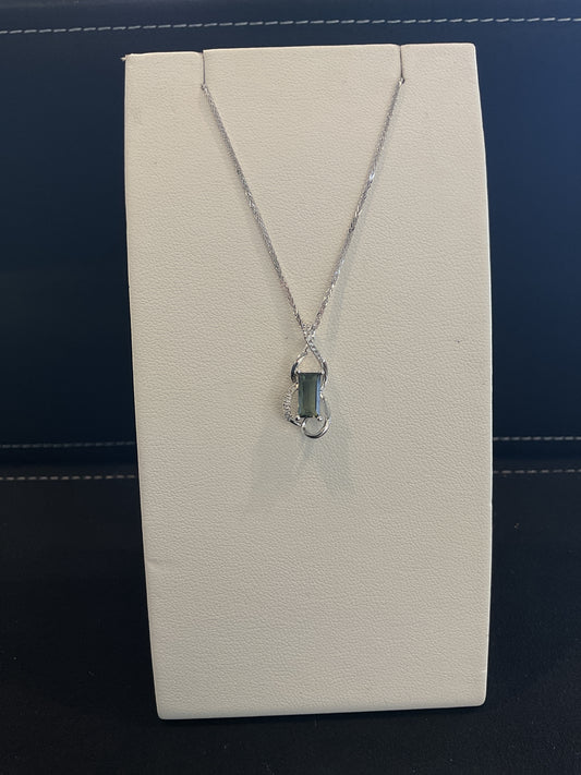 Emerald Cut Green Tourmaline with Round Brilliant Cut Diamond Accents 14KT White Gold Freeform Necklace 18" 14KT White Gold Chain
