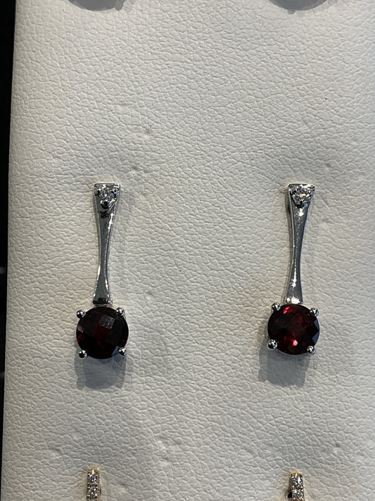 Checkered Round Cut Red Garnet 14KT White Gold Dangle Stud Earrings with Single Round Brilliant Cut Diamond Accent