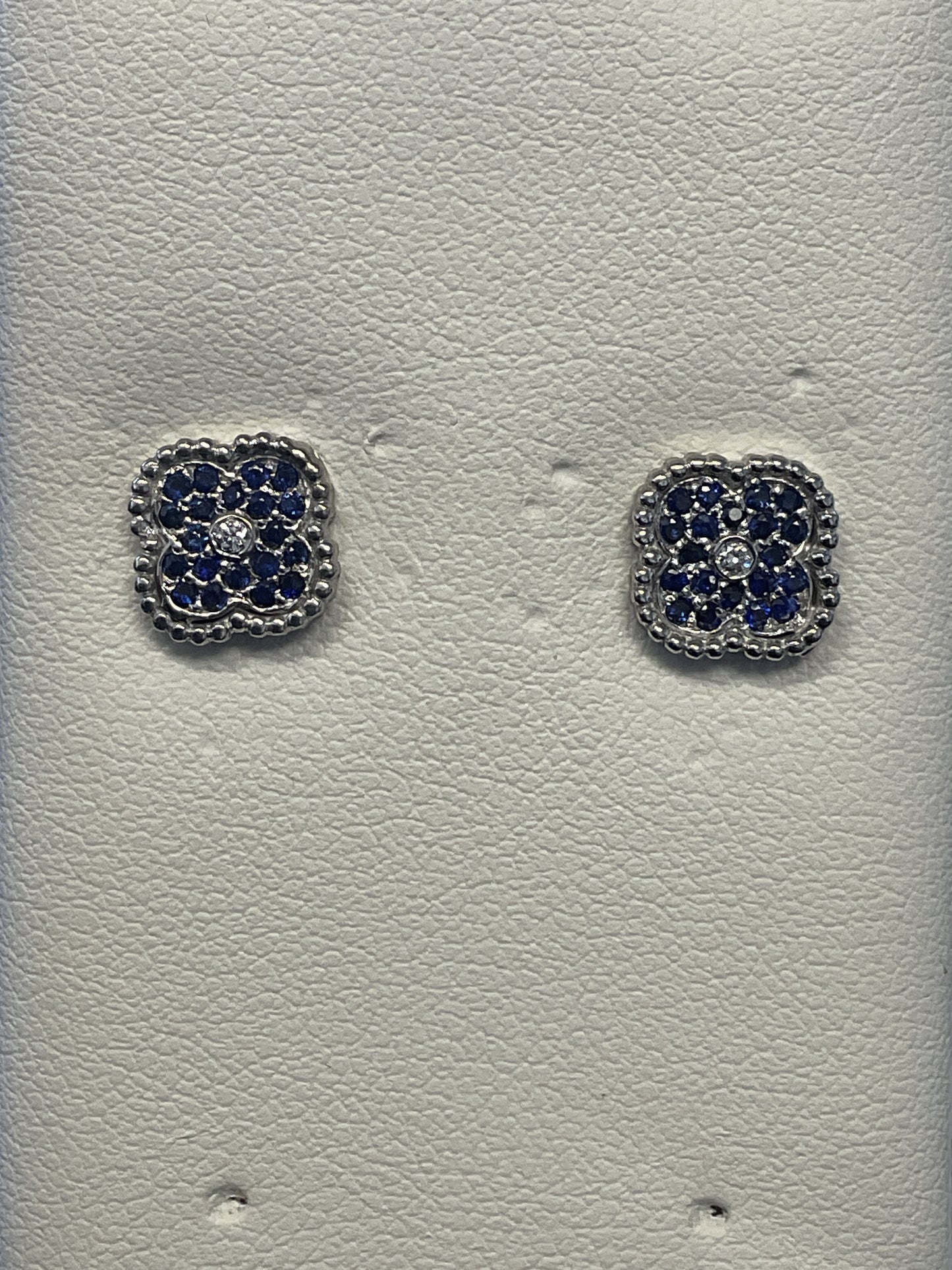 Round Cut Blue Sapphire Cluster with Single Round Brilliant Cut Bezel Set Diamond Center 14KT White Gold Clover Shape Stud Earrings