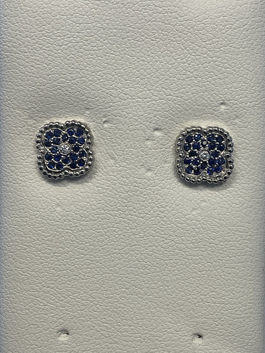 Round Cut Blue Sapphire Cluster with Single Round Brilliant Cut Bezel Set Diamond Center 14KT White Gold Clover Shape Stud Earrings