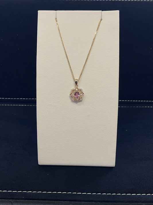Round Pink Tourmaline with Diamonds in 14KT Yellow Gold Square Flower Design Necklace 18" 14KT Yellow Gold Chain