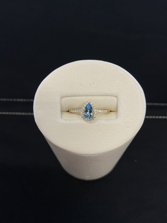 Pear Shape Aquamarine 14KT Yellow Gold Ring with Diamond Halo and Shank