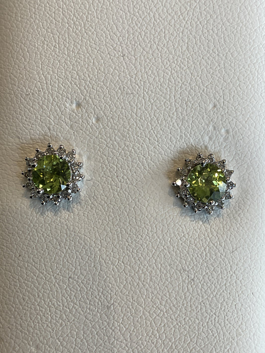 Round Cut Peridot Prong Set 14KT White Gold Round Brilliant Cut Diamond Halo Stud Earrings