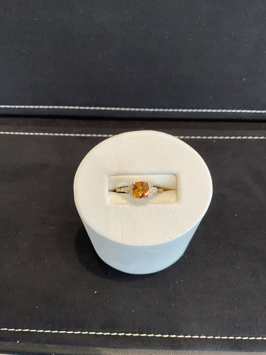 Checkered Cushion Cut Citrine 14KT Yellow Gold Ring with Round Brilliant Cut Bezel Set Diamond Accents