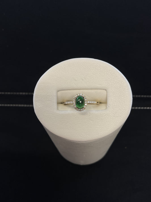 Oval Cabochon Green Tourmaline 14KT Yellow Gold Ring with Diamond Halo