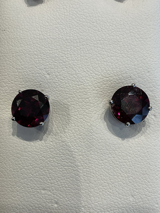 Round Cut Rhodolite Red Garnet Prong Set 14KT White Gold Stud Earrings