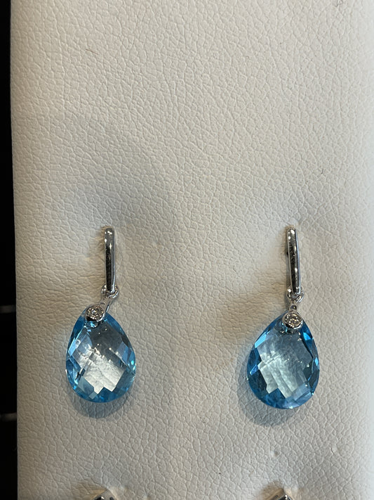 Pear Cut Faceted Blue Topaz 14KT White Gold Tear Drop Stud Dangle Earrings with Round Brilliant Cut Bezel Set Diamond Accent