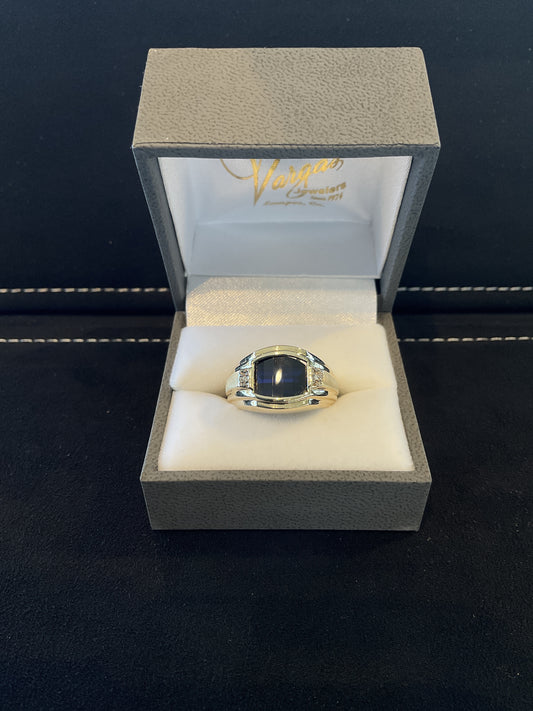 Barrel Cut Blue Sapphire with Round Brilliant Cut Accents 10KT Yellow Gold Polished/Brushed Ring