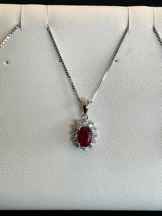 Oval Cut Red Ruby with Round Brilliant Cut Diamond Halo 14KT White Gold Necklace 18" Chain