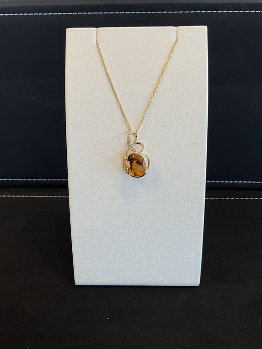 Oval Checkerboard Cut Citrine with Round Brilliant Cut Diamond Accents14KT Yellow Gold Fancy Design Necklace 18" Chain