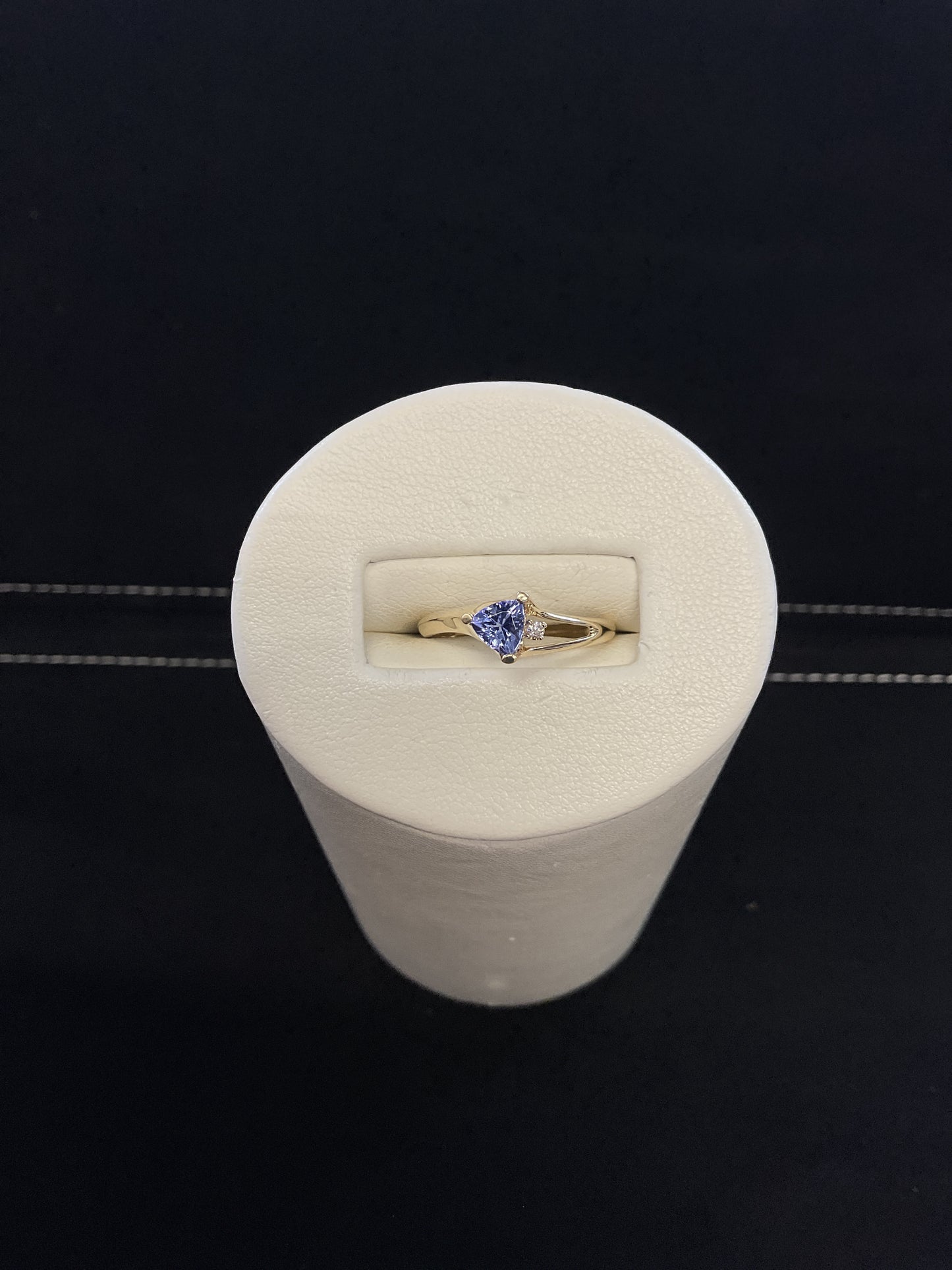 Trillion Cut Tanzanite 14KT Yellow Gold Design Ring with Single Diamond Accent