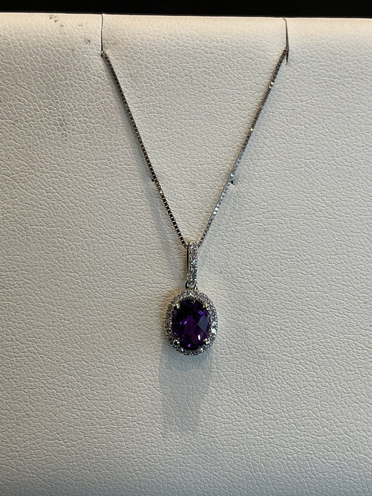 Oval Checkered Cut Purple Amethyst with Round Brilliant Cut Diamond Halo Setting 14KT White Gold Necklace 18" 10KT White Gold Chain