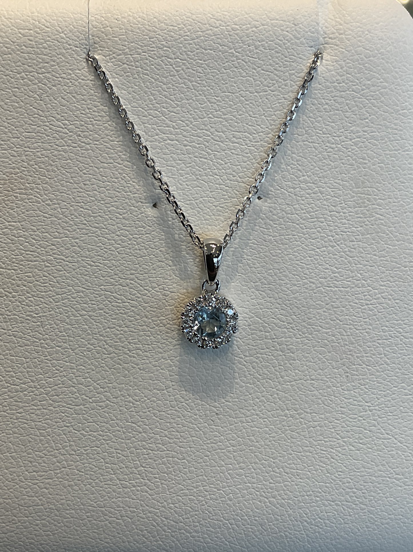 Round Cut Aquamarine with Round Brilliant Cut Diamond Halo 14KT White Gold Necklace 18" 10KT Chain