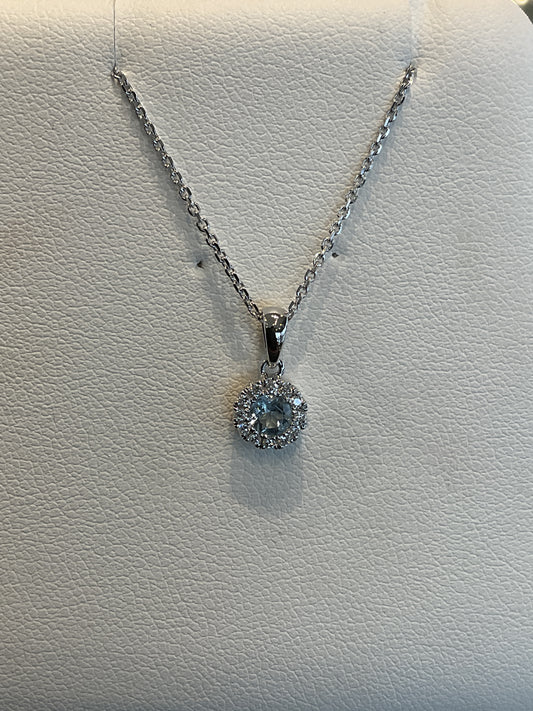 Round Cut Aquamarine with Round Brilliant Cut Diamond Halo 14KT White Gold Necklace 18" 10KT Chain