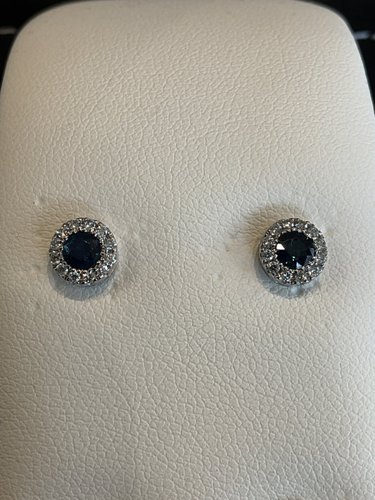 Round Cut Blue Sapphire 14KT White Gold Stud Earrings with Round Brilliant Cut Diamond Halo