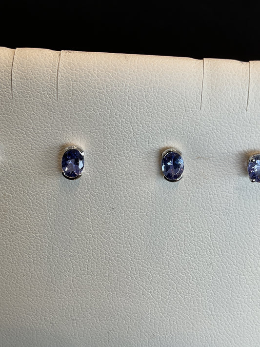 Oval Cut Tanzanite Half Bezel Setting 14KT White Gold Stud Earrings