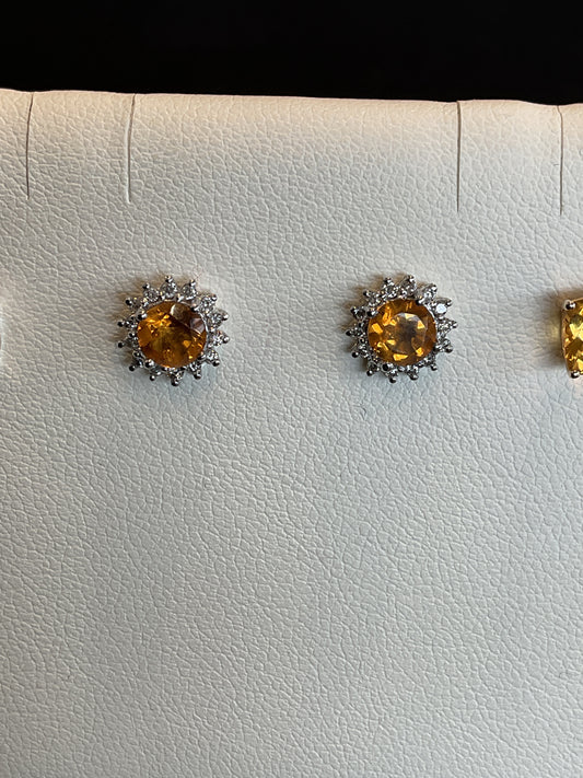 Round Cut Citrine Prong Set 14KT White Gold Round Brilliant Cut Diamond Halo Stud Earrings