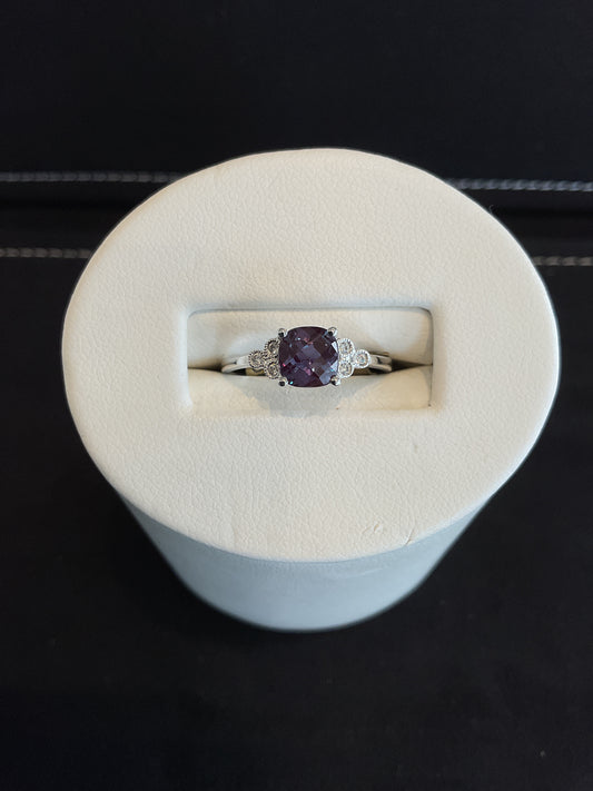 Checkered Cushion Cut Alexandrite 14KT White Gold Ring with Round Brilliant Cut Bezel Set Diamond Accents