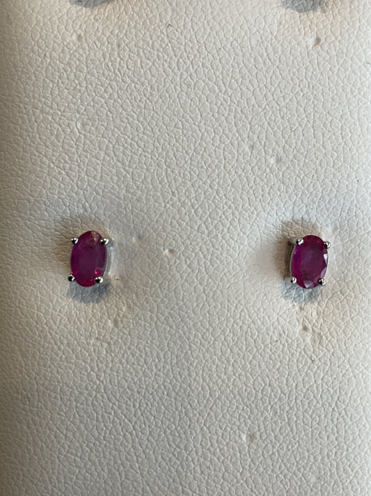 Oval Cut Red Ruby Prong Set 14KT White Gold Stud Earrings