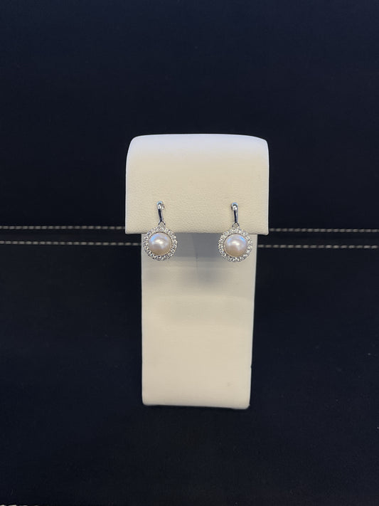 Cultured Pearl 14KT White Gold Diamond Halo Dangle Earrings