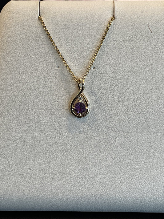 Round Cut Stone with Single Round Brilliant Cut Diamond Accent set in 14KT Gold Wire Infinity Design Necklace 18" Chain