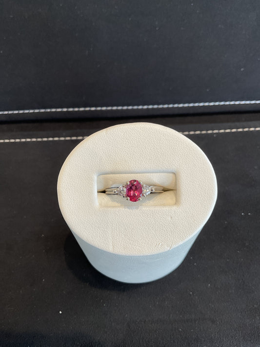 Oval Cut Pink Tourmaline 14KT White Gold Ring with 2 Round Brilliant Cut Diamond Accents