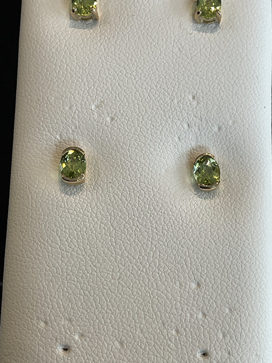 Oval Cut Peridot Half Bezel Set 14KT Yellow Gold Stud Earrings