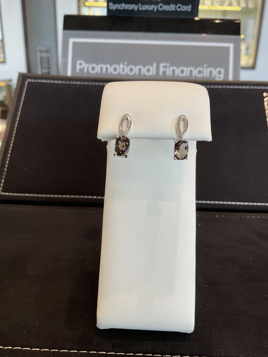 Cushion Cut Smokey Quartz 14KT White Gold Elongated Dangle Stud Earrings