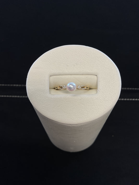 Cultured Pearl 14KT Yellow Gold Ring with 2 Diamond Accents