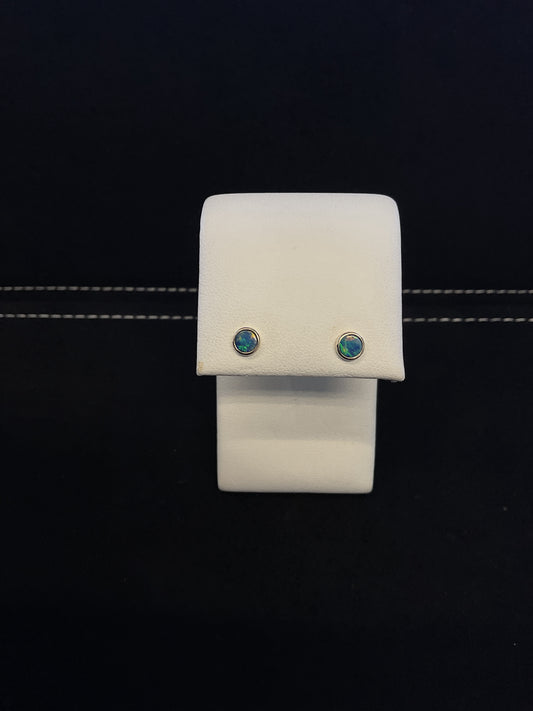 Round Cut Bezel Set Blue Opal 14KT Yellow Gold Stud Earrings