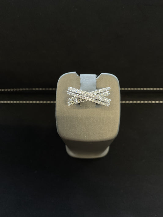 1.53CTW Round Brilliant and Baguette Cut Diamond 14KT White Gold Double Stack Crossover Ring