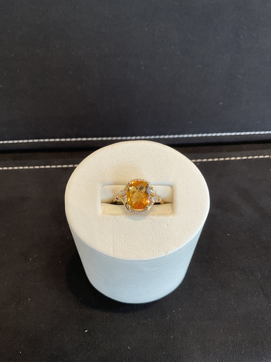 Oval Cushion Cut Citrine 14KT Yellow Gold Ring with Round Brilliant Cut Diamond Halo/ Accents