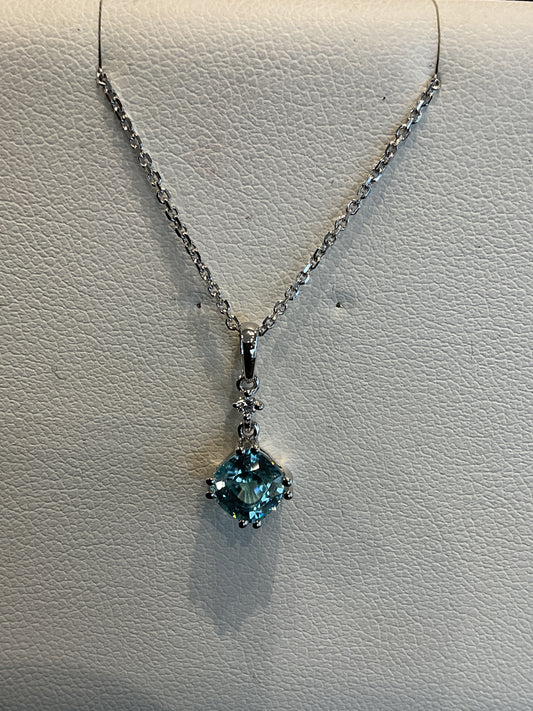 Cushion Cut Blue Zircon with Single Round Brilliant Cut Diamond Accent 14KT White Gold Necklace 18" 14KT White Gold Chain