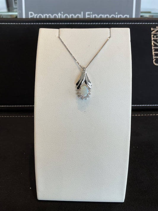 Oval Cut Opal with Round Brilliant Cut Diamond Half Halo 14KT White Gold Necklace 18" 14KT Chain