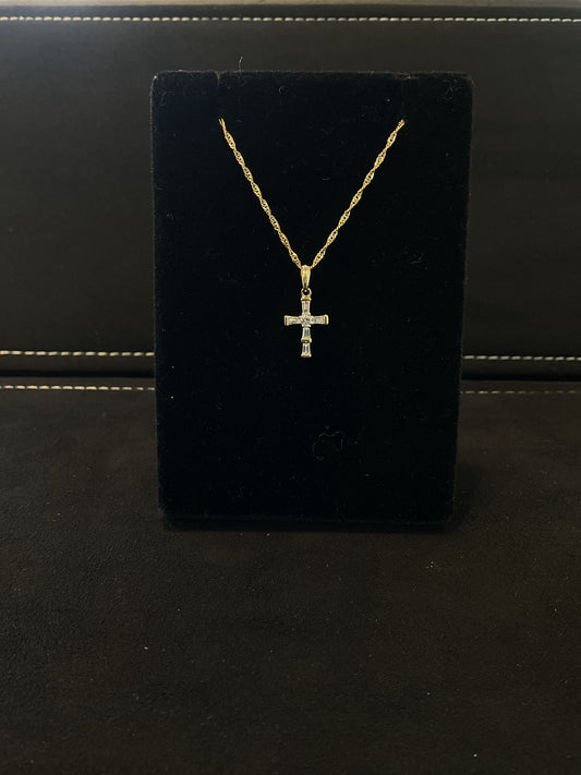 .20 CTW Baguette Cut Diamonds With Single Round Brilliant Cut Diamond Center 14KT Yellow Gold Cross Necklace 18" Chain